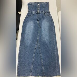 Denim Midi Skirt with Front Slit